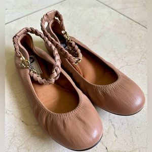 Lanvin Tan Leather Ballet Flats w Braided Leather & Chain Ankle Strap, Size 36